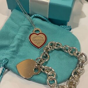 Tiffany & Co. Red and Silver Heart Necklace and Bracelet Bundle